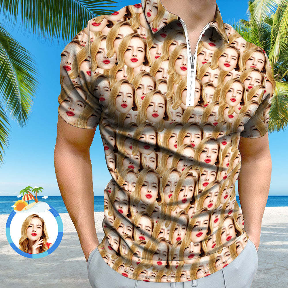 Custom Men's Polo Shirt Personalised Face Funny Polo Shirt with Zipper - MyPhotoBoxerUk