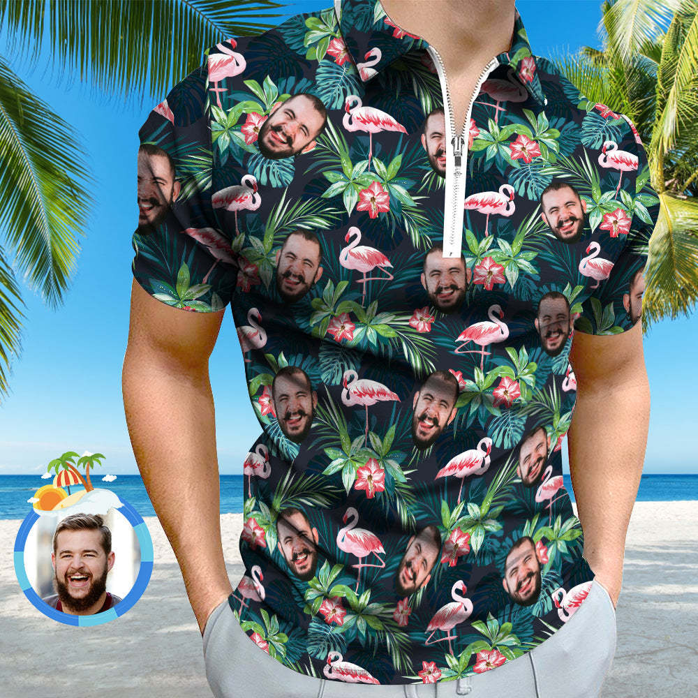 Custom Men's Polo Shirt with Zipper Personalised Face Hawaiian Style Polo Shirt - MyPhotoBoxerUk