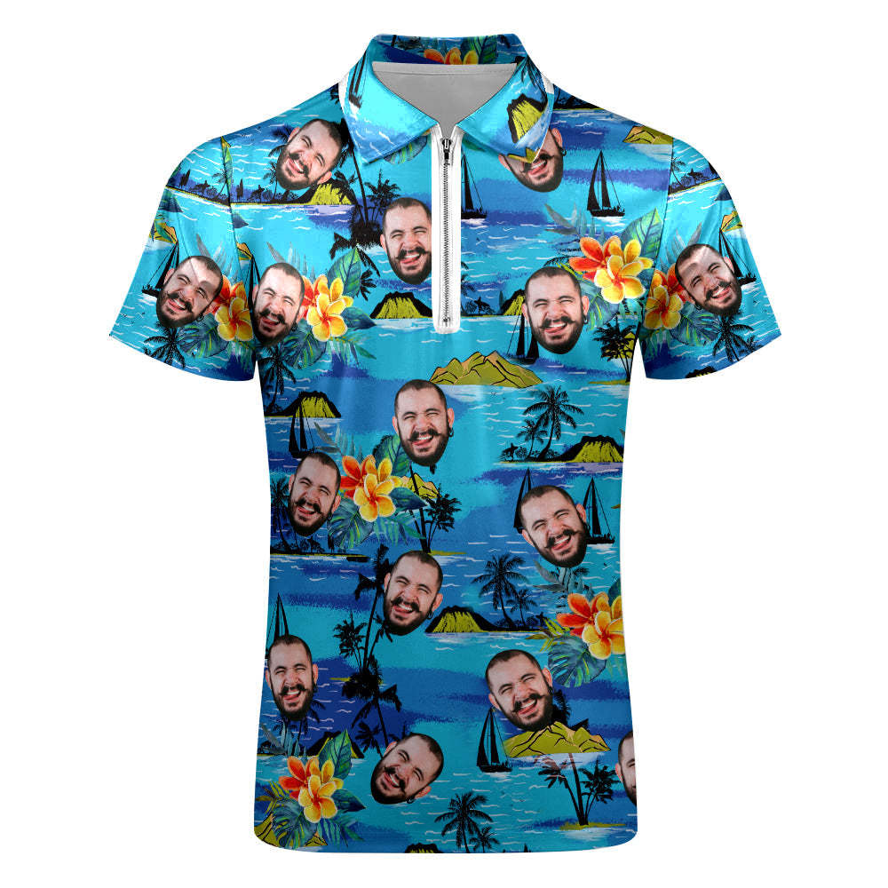 Custom Face Men's Polo Shirt with Zipper Funny Polo Shirt for Boyfriend or Husband - MyPhotoBoxerUk
