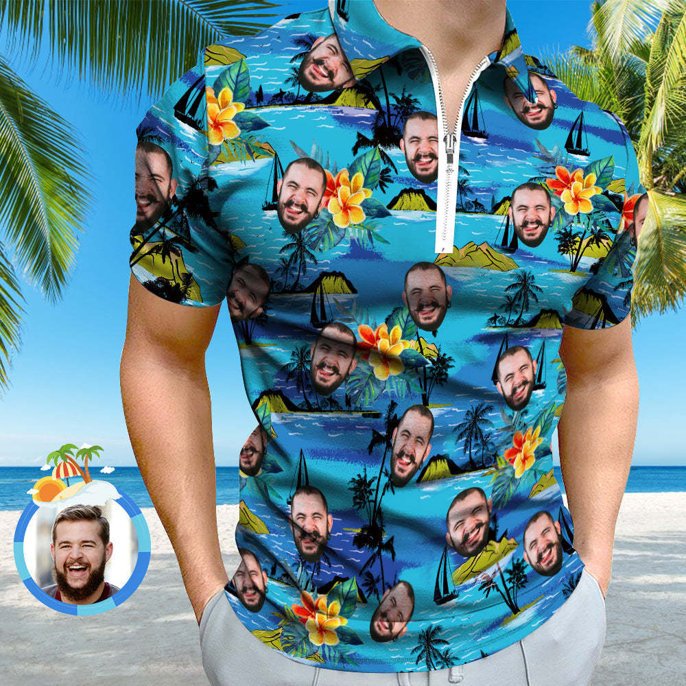Custom Face Men's Polo Shirt with Zipper Funny Polo Shirt for Boyfriend or Husband - MyPhotoBoxerUk