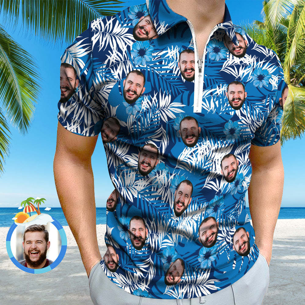 Custom Face Polo Shirt with Zipper Personalised Hawaiian Style Polo Shirt for Men - MyPhotoBoxerUk
