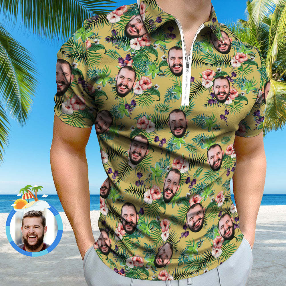 Custom Funny Polo Shirt with Zipper Personalised Face Hawaiian Style Polo Shirt for Men - MyPhotoBoxerUk