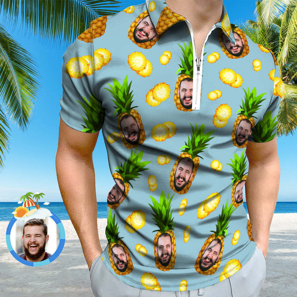 Custom Face Polo Shirt with Zipper Personalised Funny Pineapple Pattern Men's Polo Shirt - MyPhotoBoxerUk