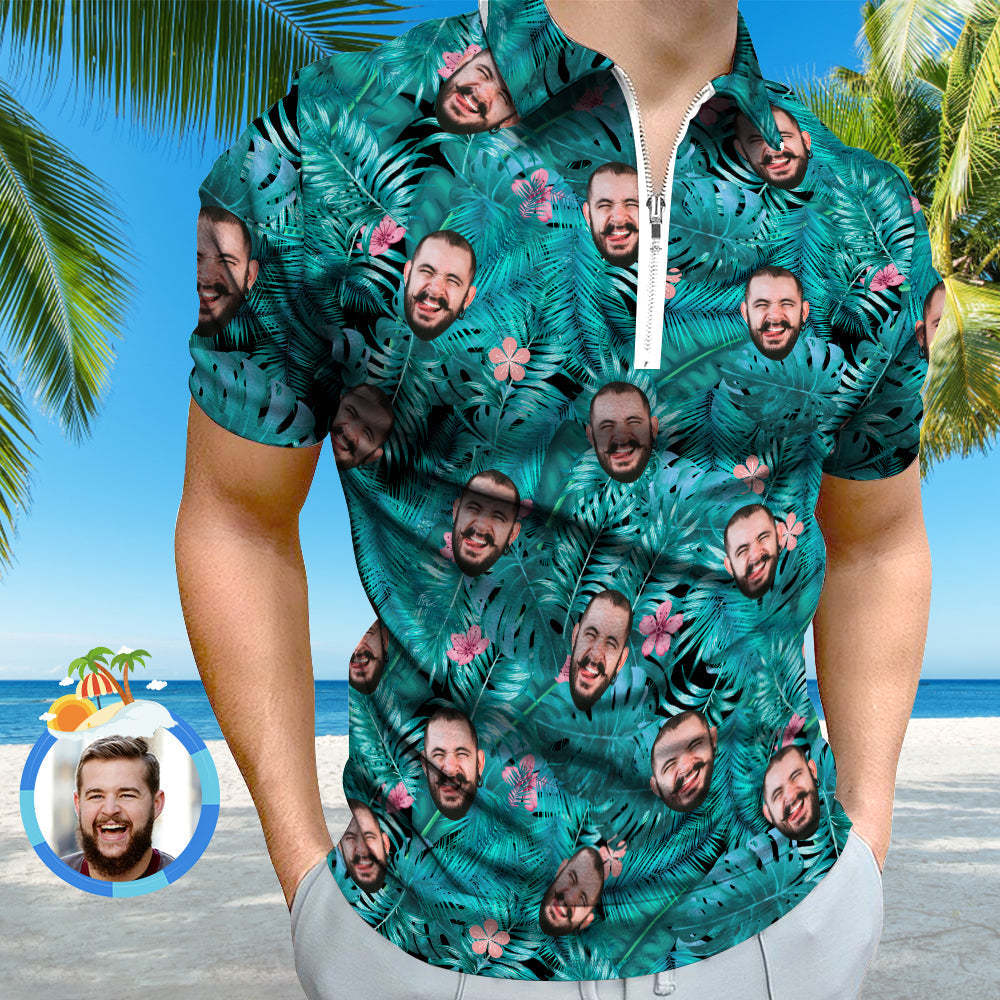 Custom Hawaiian Style Polo Shirt with Zipper Personalised Face Polo Shirt for Boyfriend or Husband - MyPhotoBoxerUk