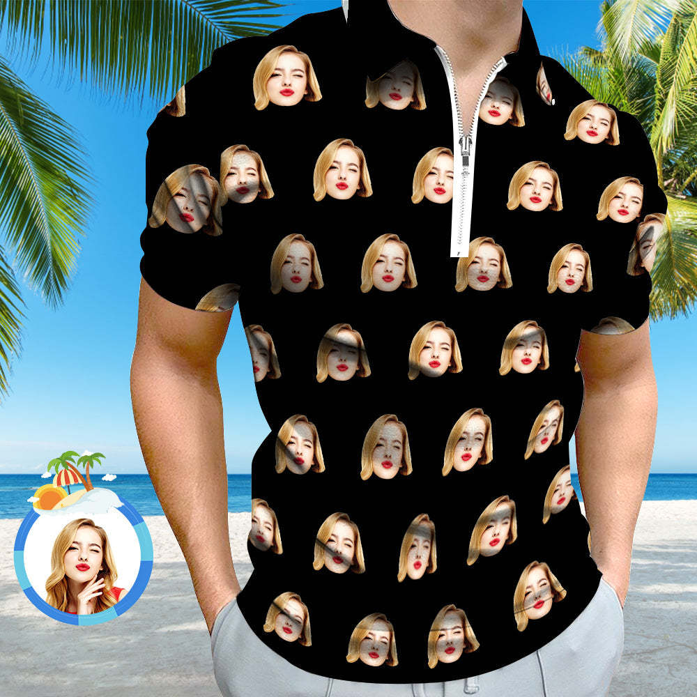 Custom Face Polo Shirt with Zipper Men's Polo Shirt for Him - MyPhotoBoxerUk