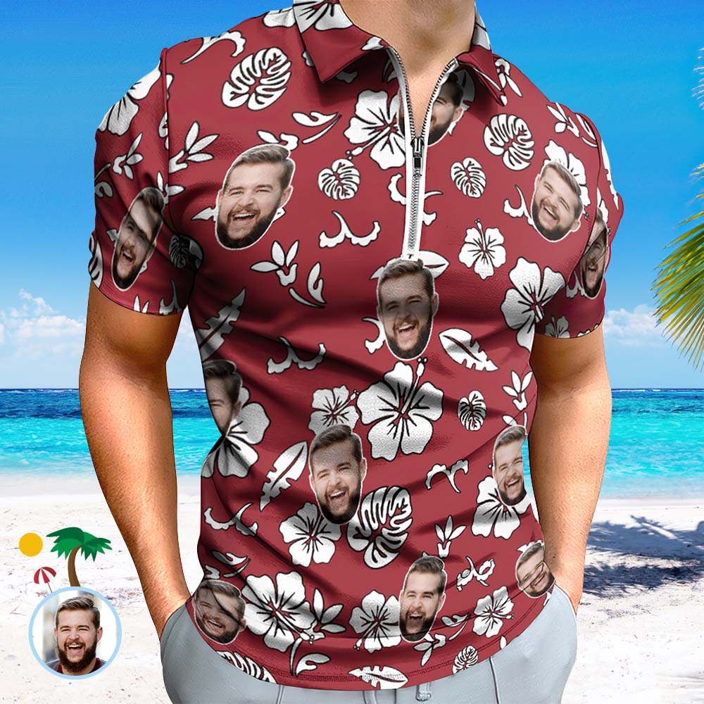 Custom Red Flowers Men's Polo Shirt Personalised Face Funny Polo Shirt with Zipper - MyPhotoBoxerUk