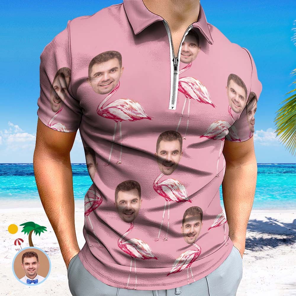 Custom Pink Flamingo Men's Polo Shirt Personalised Face Funny Polo Shirt with Zipper - MyPhotoBoxerUk