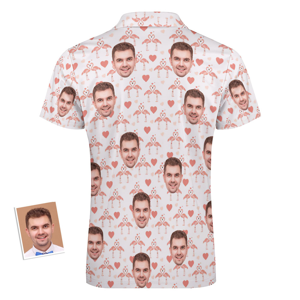 Custom Flamingo Love Men's Polo Shirt Personalised Face Funny Polo Shirt with Zipper - MyPhotoBoxerUk