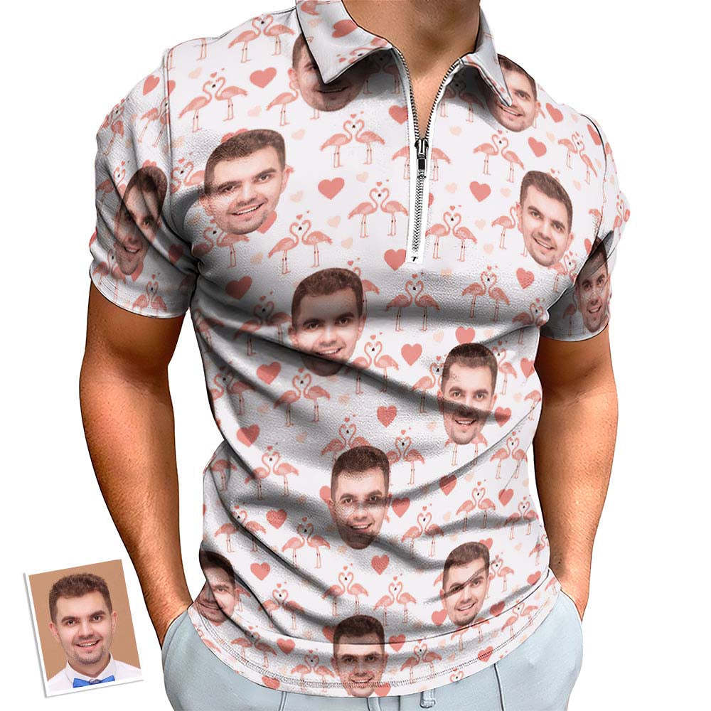 Custom Flamingo Love Men's Polo Shirt Personalised Face Funny Polo Shirt with Zipper - MyPhotoBoxerUk