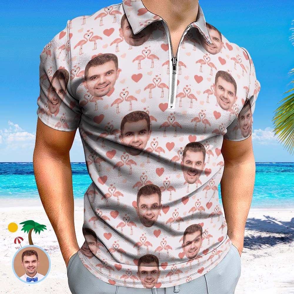 Custom Flamingo Love Men's Polo Shirt Personalised Face Funny Polo Shirt with Zipper - MyPhotoBoxerUk