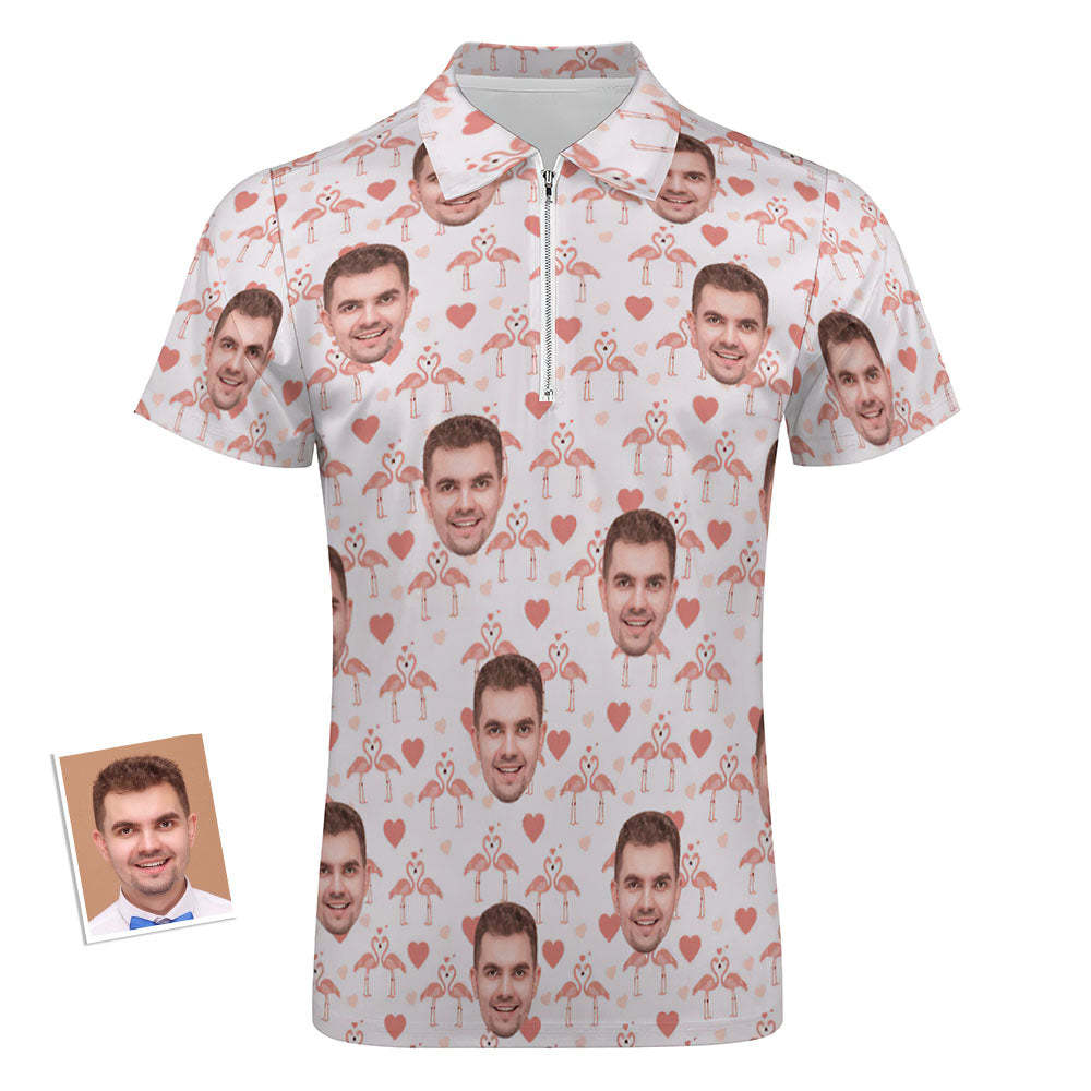 Custom Flamingo Love Men's Polo Shirt Personalised Face Funny Polo Shirt with Zipper - MyPhotoBoxerUk