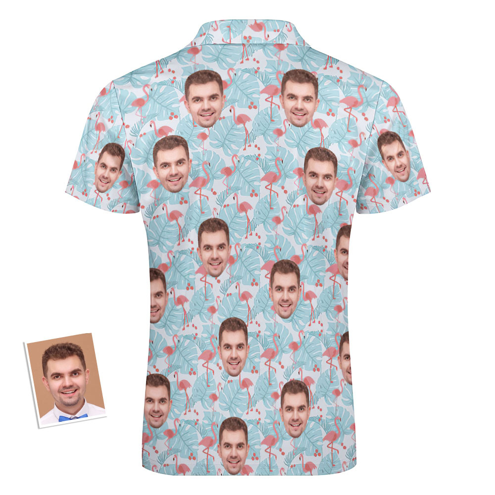 Custom Flamingo Blue Floral Men's Polo Shirt Personalised Face Funny Polo Shirt with Zipper - MyPhotoBoxerUk