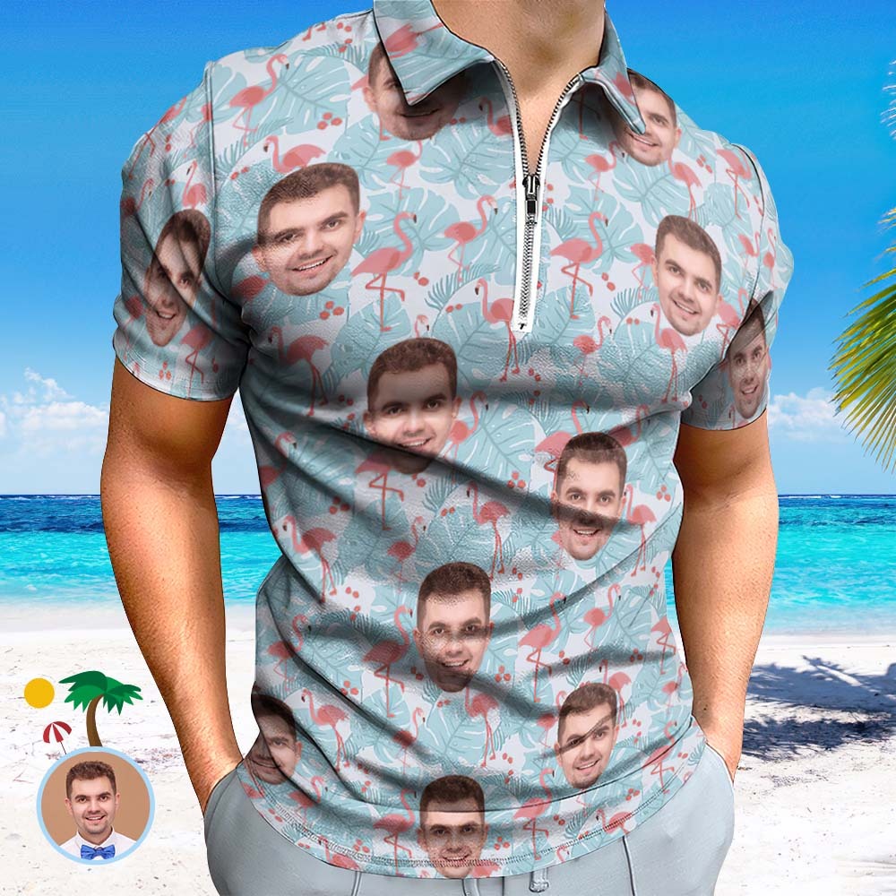 Custom Flamingo Blue Floral Men's Polo Shirt Personalised Face Funny Polo Shirt with Zipper - MyPhotoBoxerUk