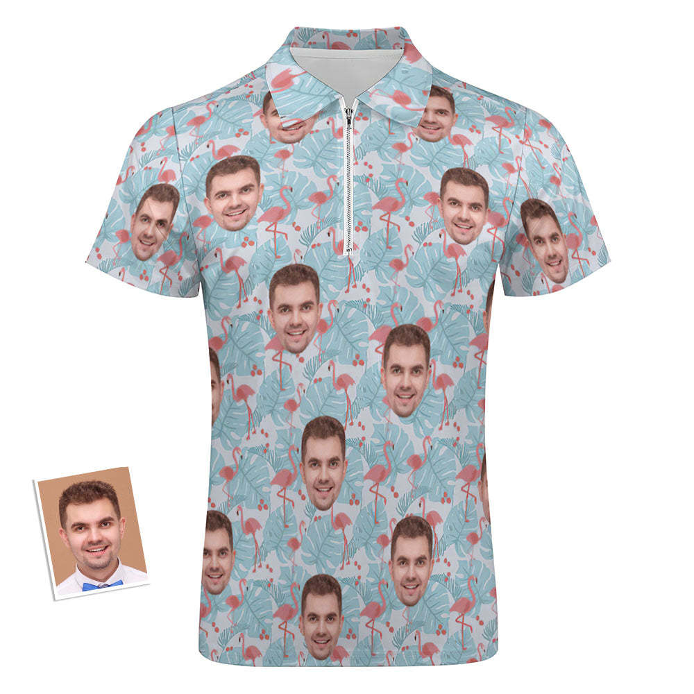 Custom Flamingo Blue Floral Men's Polo Shirt Personalised Face Funny Polo Shirt with Zipper - MyPhotoBoxerUk
