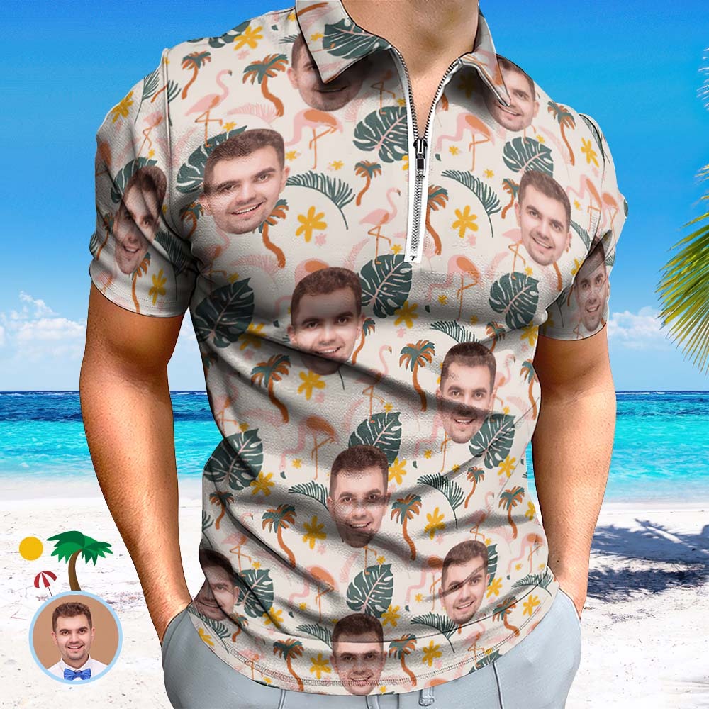 Custom Flamingo Wild Floral Men's Polo Shirt Personalised Face Funny Polo Shirt with Zipper - MyPhotoBoxerUk