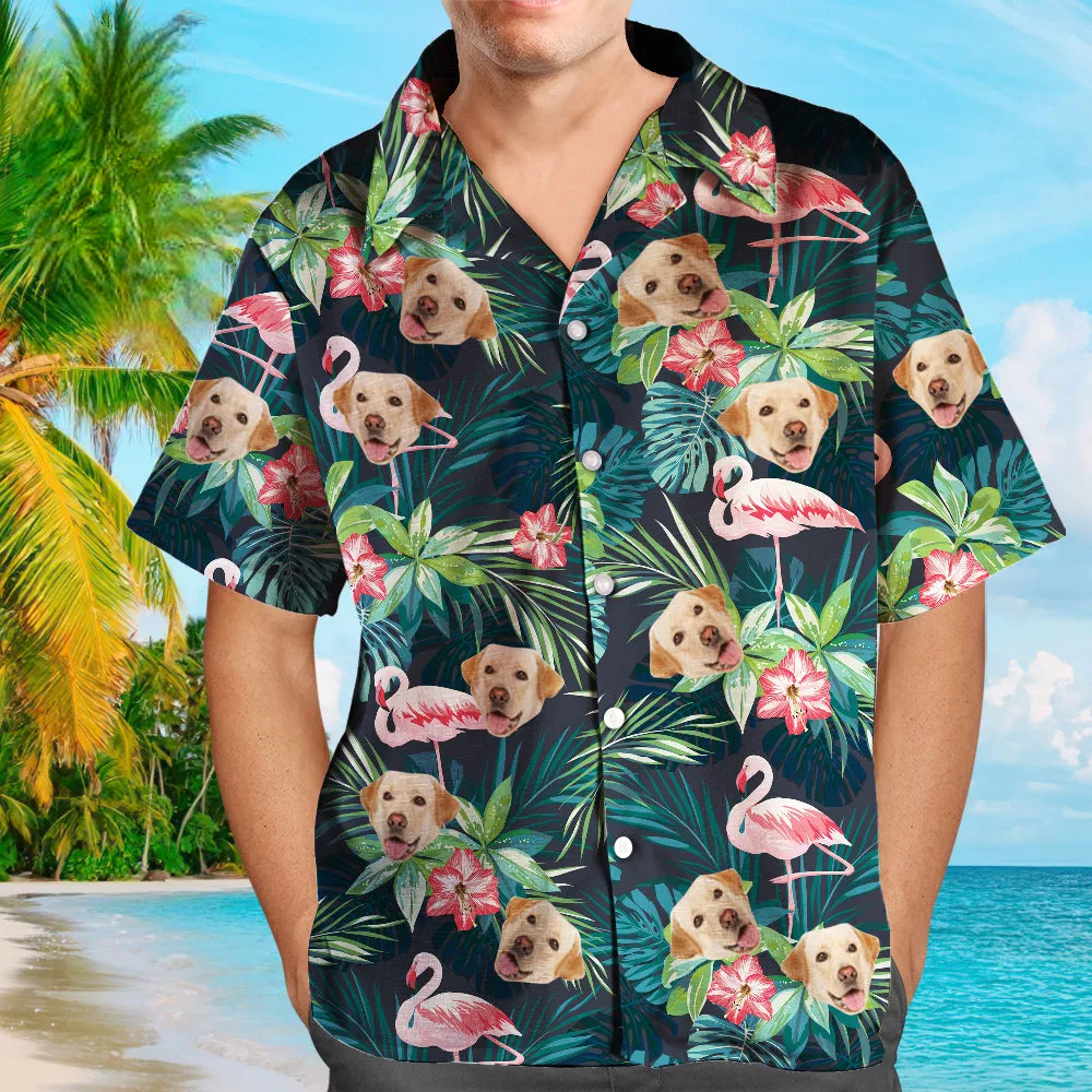 Custom Hawaiian Shirt with Face Custom Dog Face Shirt Leaves & Flamingo Button Down Shirts Gifts for Pet Lover
