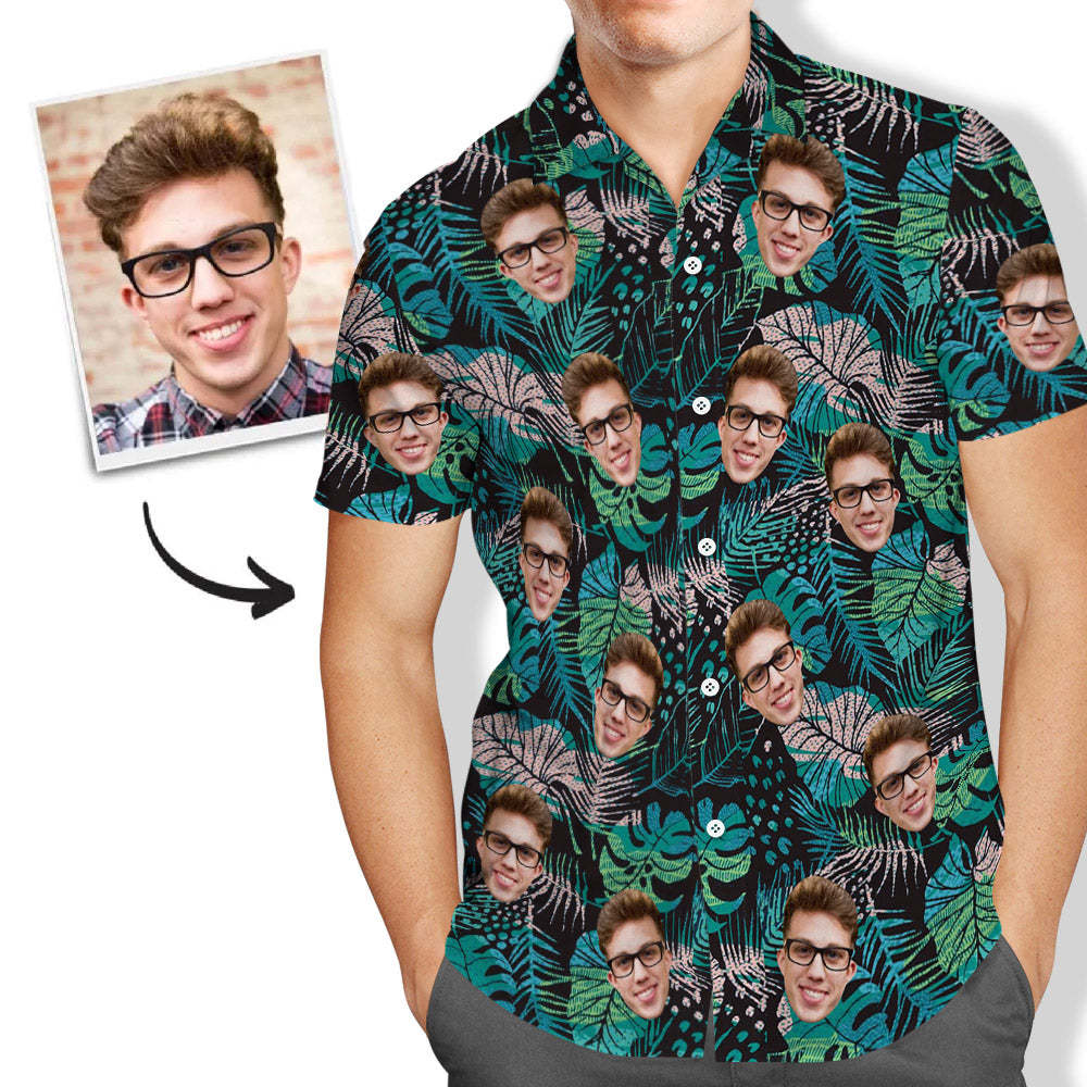 Custom Face Hawaiian Shirt Men's All Over Print Large Leaves Short Sleeve Shirt - MakePhotoPuzzleUK