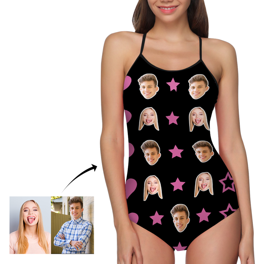 custom star couple face photo women's swimsuit