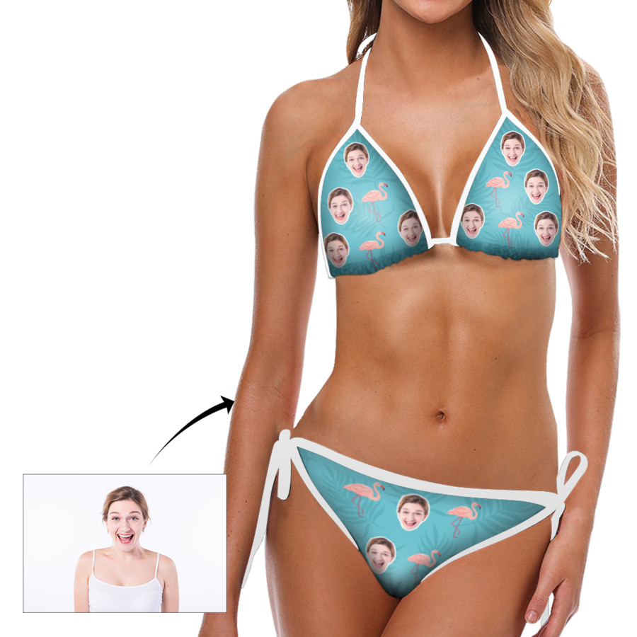 Custom face Photo Flamingo and Blue Background Bikini Sexy Suit