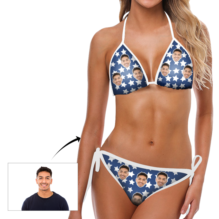 Custom face Photo Blue Backgrouns White Stars Bikini Sexy Suit