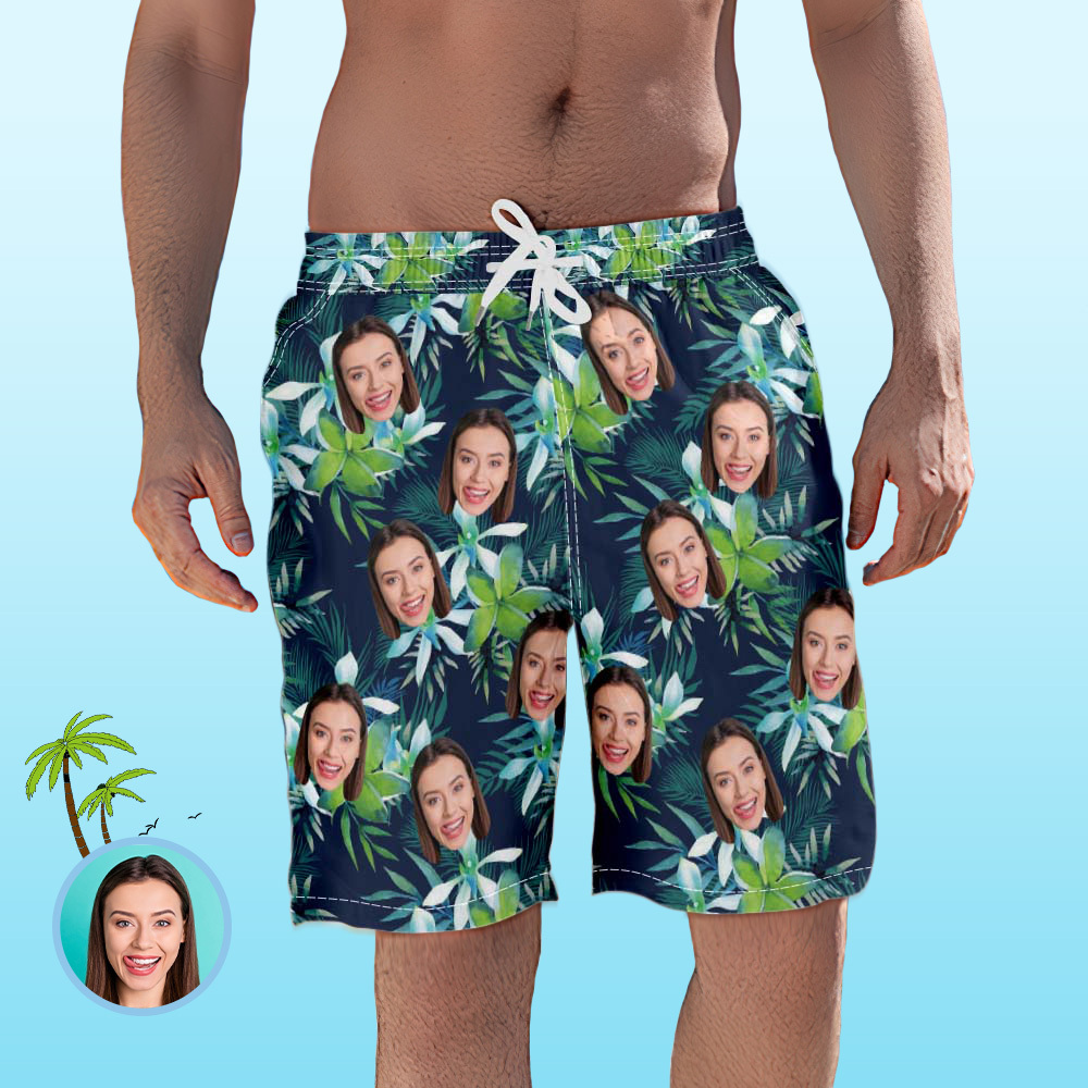 Men's Custom Face Beach Trunks Photo Shorts - Coconut tree