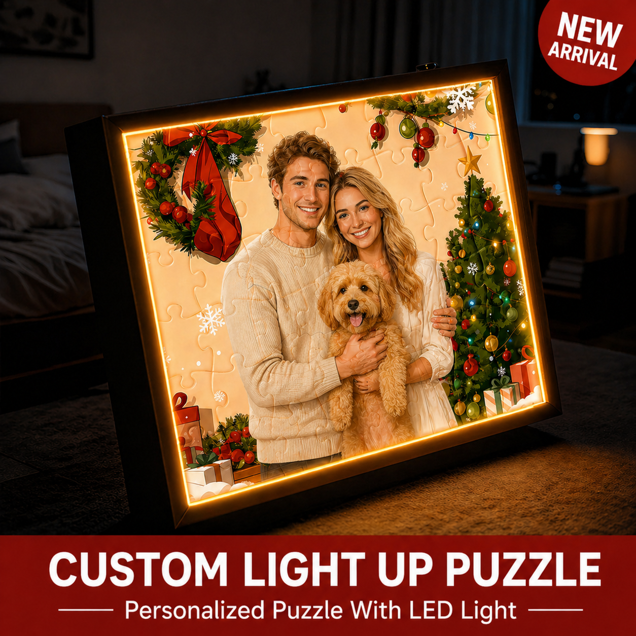 Personalized Photo Puzzle 48-63 Piece LED Acrylic Light Up Jigsaw with Wooden Frame Birthday Gift - makephotopuzzleuk