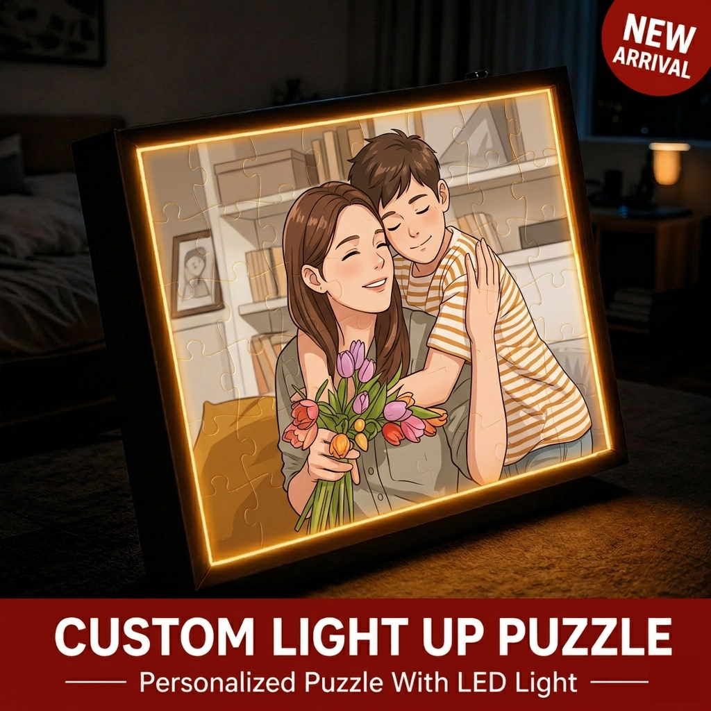 Personalized Photo Puzzle 48-63 Piece LED Acrylic Light Up Jigsaw with Wooden Frame Birthday Gift - makephotopuzzleuk