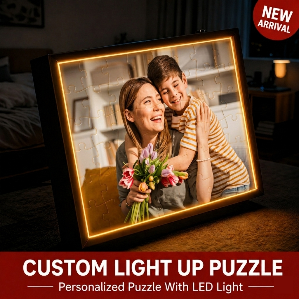 Personalized Photo Puzzle 48-63 Piece LED Acrylic Light Up Jigsaw with Wooden Frame Birthday Gift - makephotopuzzleuk