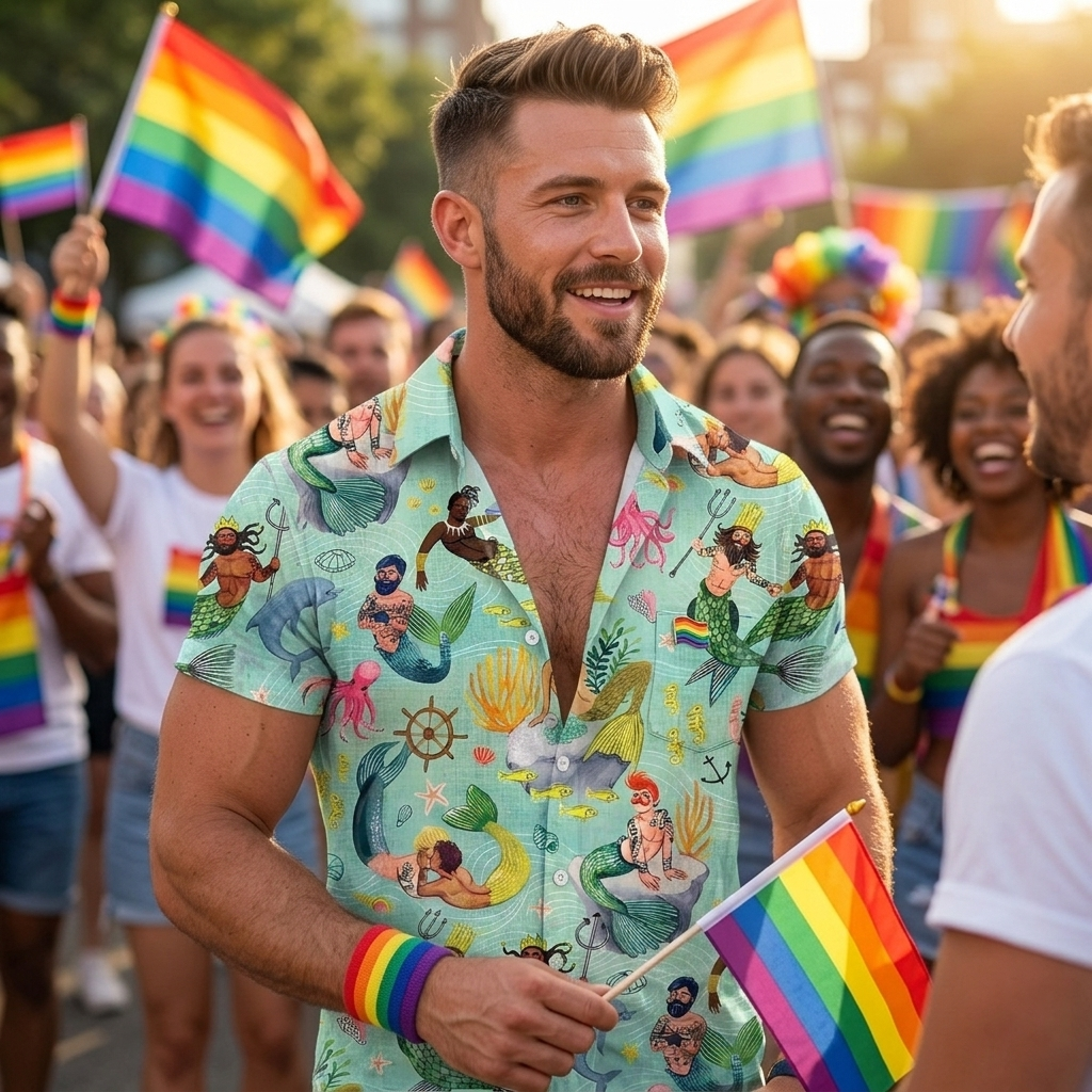 Men's Mermaid Green Shirt Pride Month From Size S to 5XL with Comfortable Butterfly Mesh Fabric Material for LGBTQ - makephotopuzzleuk