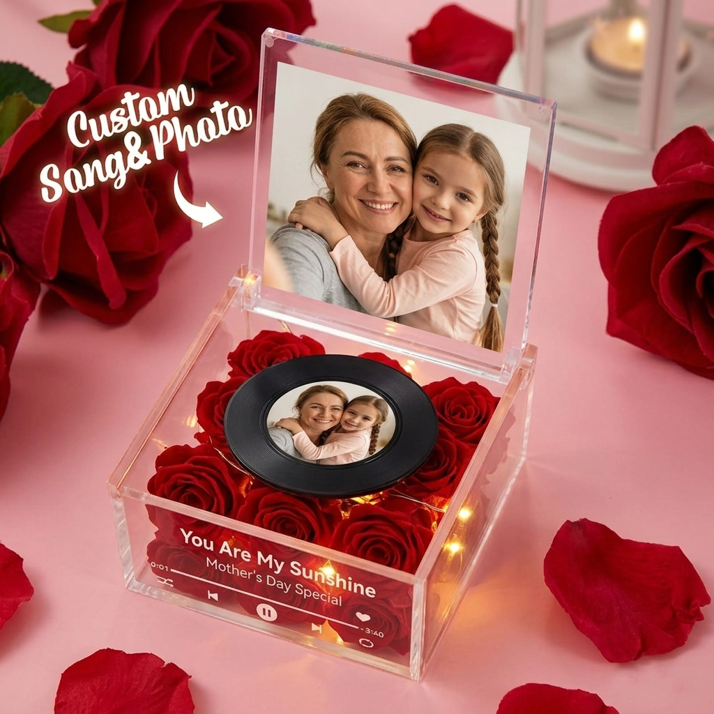 Rose Music Record Auto-Music Player Custom Photo with Light Personalized Music Acrylic Box for Best Mom on Mother's Day - makephotopuzzleuk