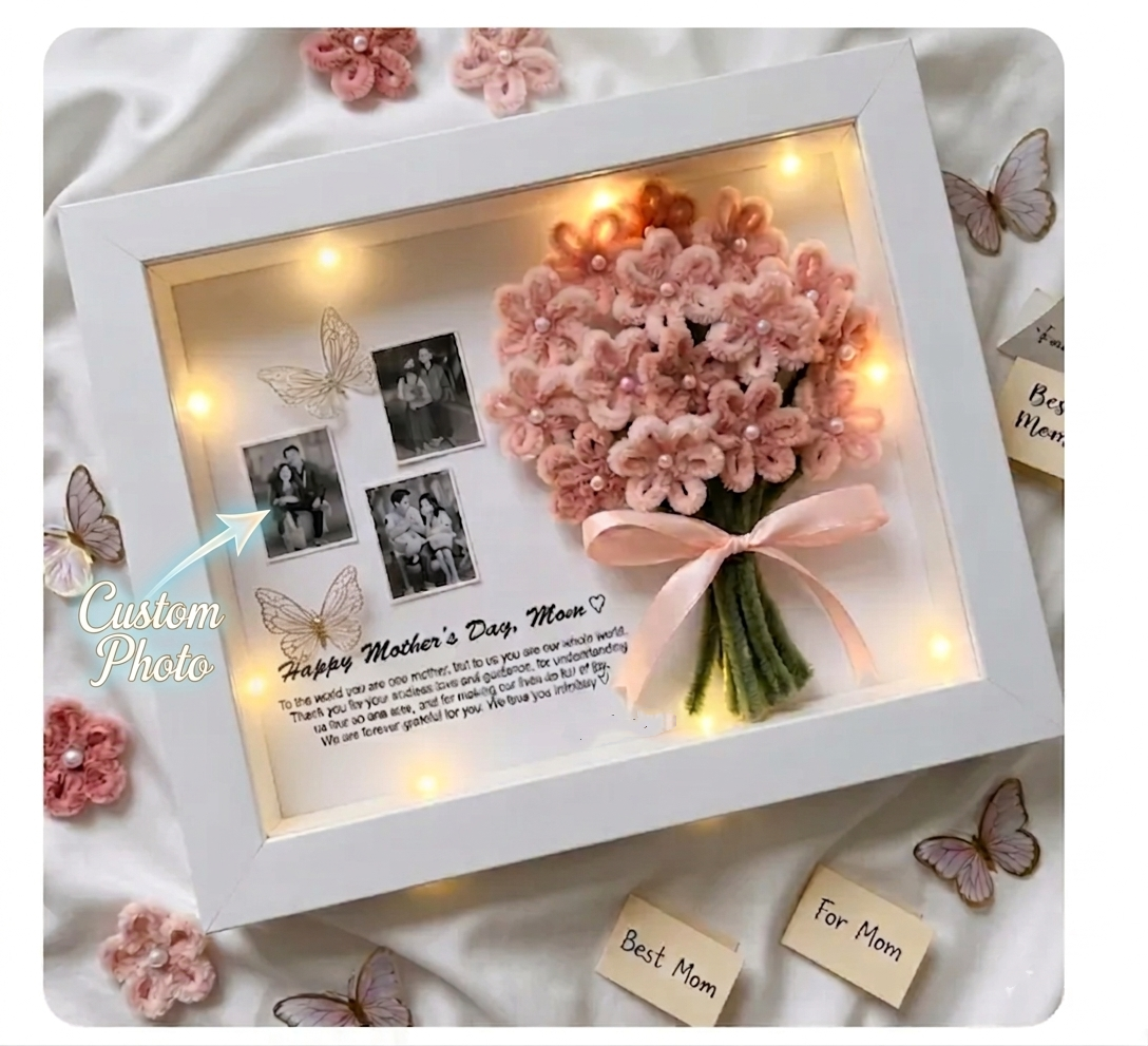 Personalized Mothers Day Gift Shadow Box Handmade Pipe Cleaner Flower Bouquet with Custom Photos Lights Unique Keepsake for Mom - makephotopuzzleuk