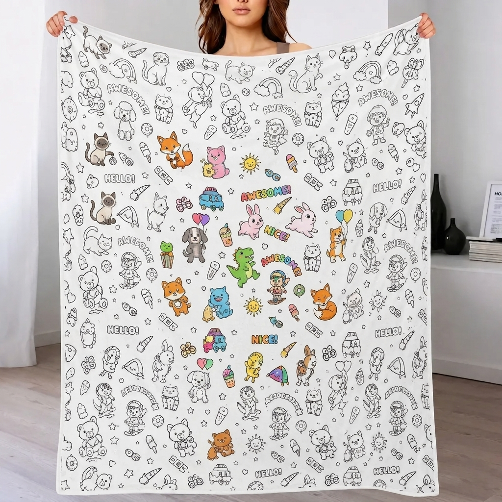 DIY Doodling Blanket | Cartoon Animal Style | with 24 Colors Markers, Doodle Your Own Blankets, Customizable Washable Paint & Play Blankets for Adults