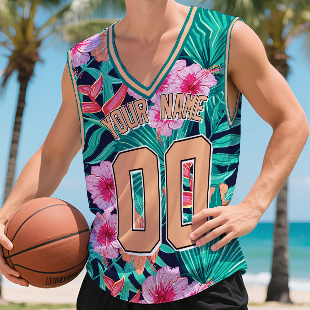 Custom Basketball Jersey with Name & Number Personalized Hawaii Floral Sports Tank Top - makephotopuzzleuk