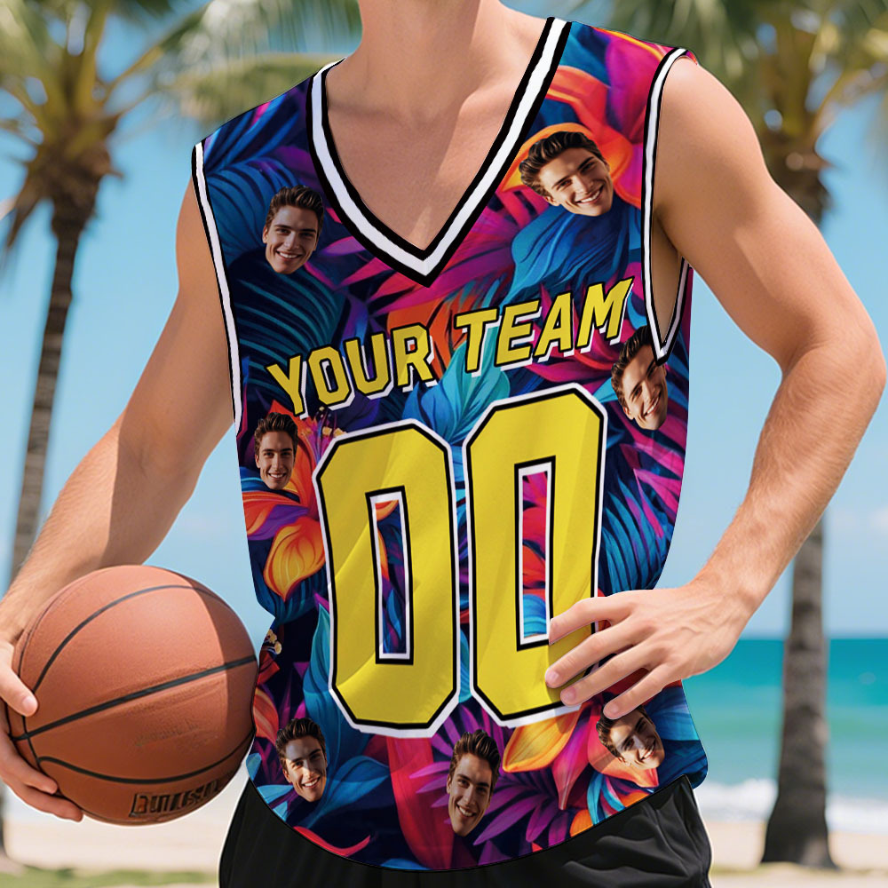 Custom Basketball Jersey with Name & Number Personalized Hawaii Floral Sports Tank Top - makephotopuzzleuk