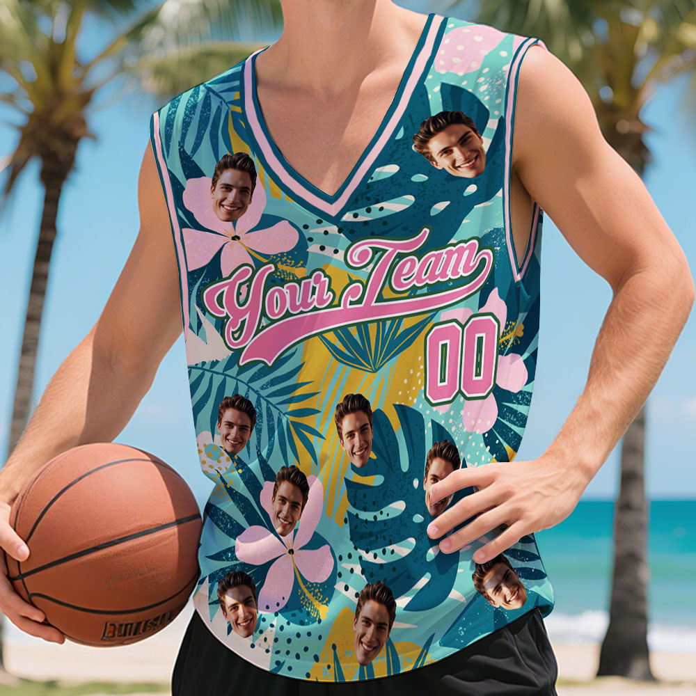 Custom Basketball Jersey with Name & Number Personalized Hawaii Floral Sports Tank Top - makephotopuzzleuk
