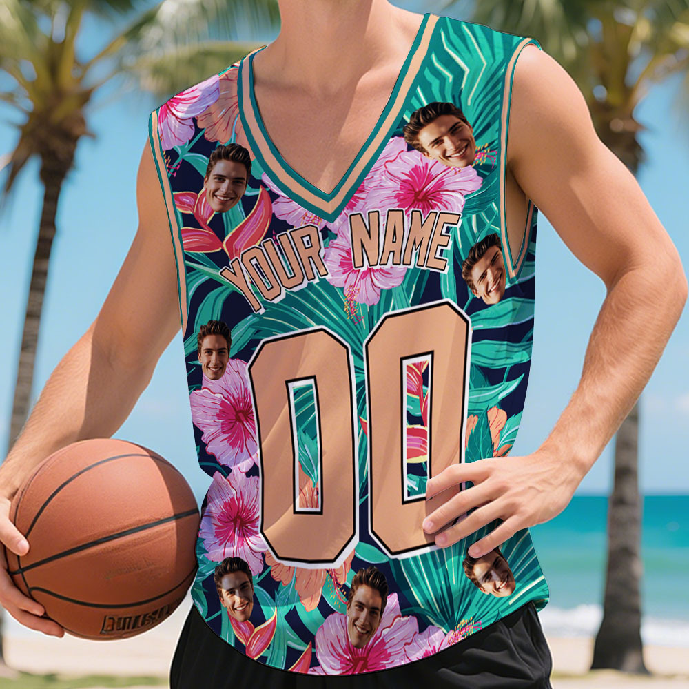 Custom Basketball Jersey with Name & Number Personalized Hawaii Floral Sports Tank Top - makephotopuzzleuk