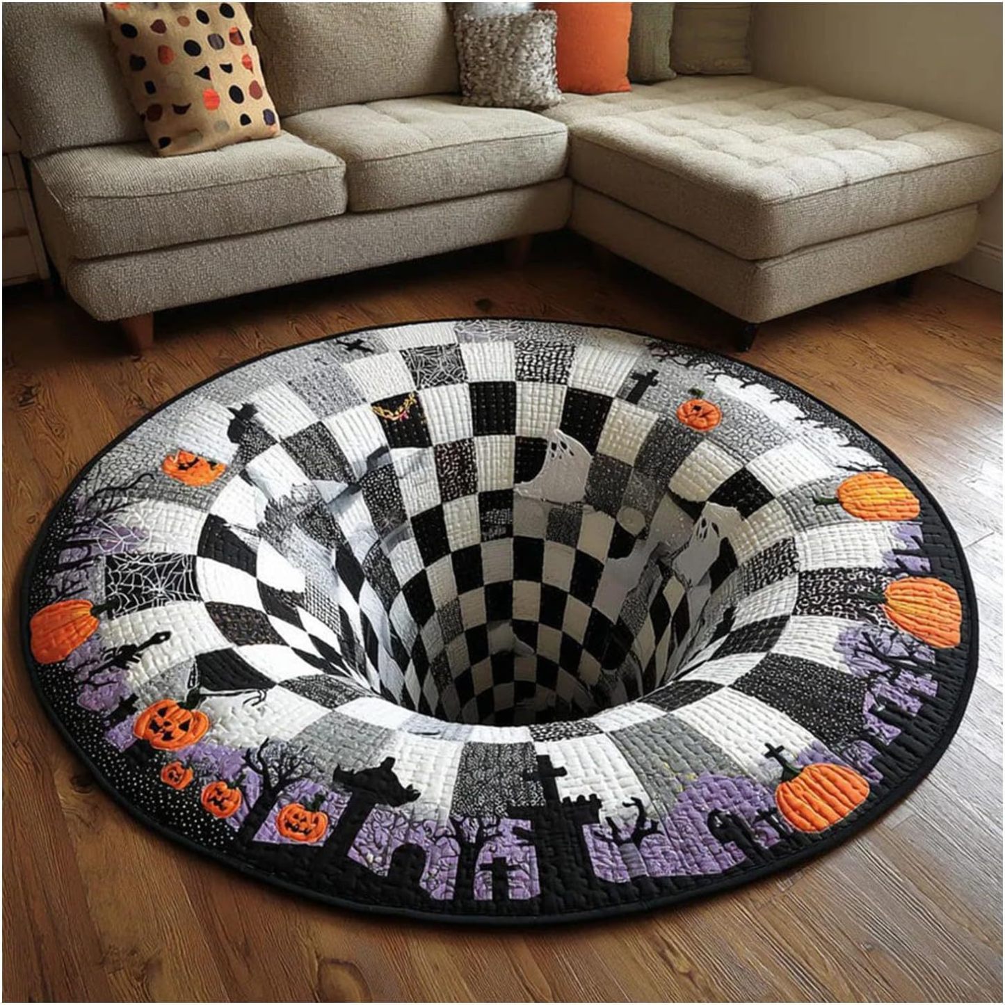 3D Optical Illusion Halloween Rug – Spooky Bottomless Hole Non-Slip Area Rug for Living Room, Entryway & Holiday Decor - makephotopuzzleuk