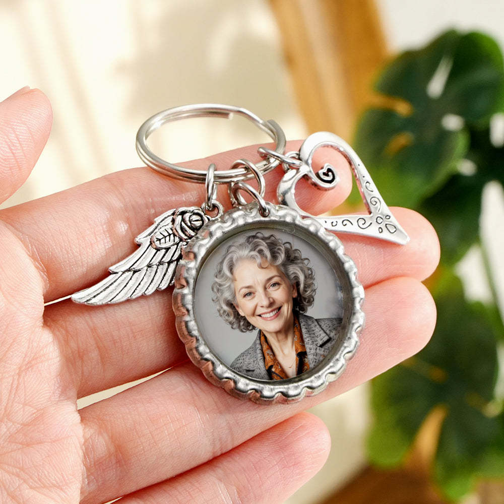Personalized Photo Keychain with Text Heart Wing Keychain Memorial Gift - makephotopuzzleuk