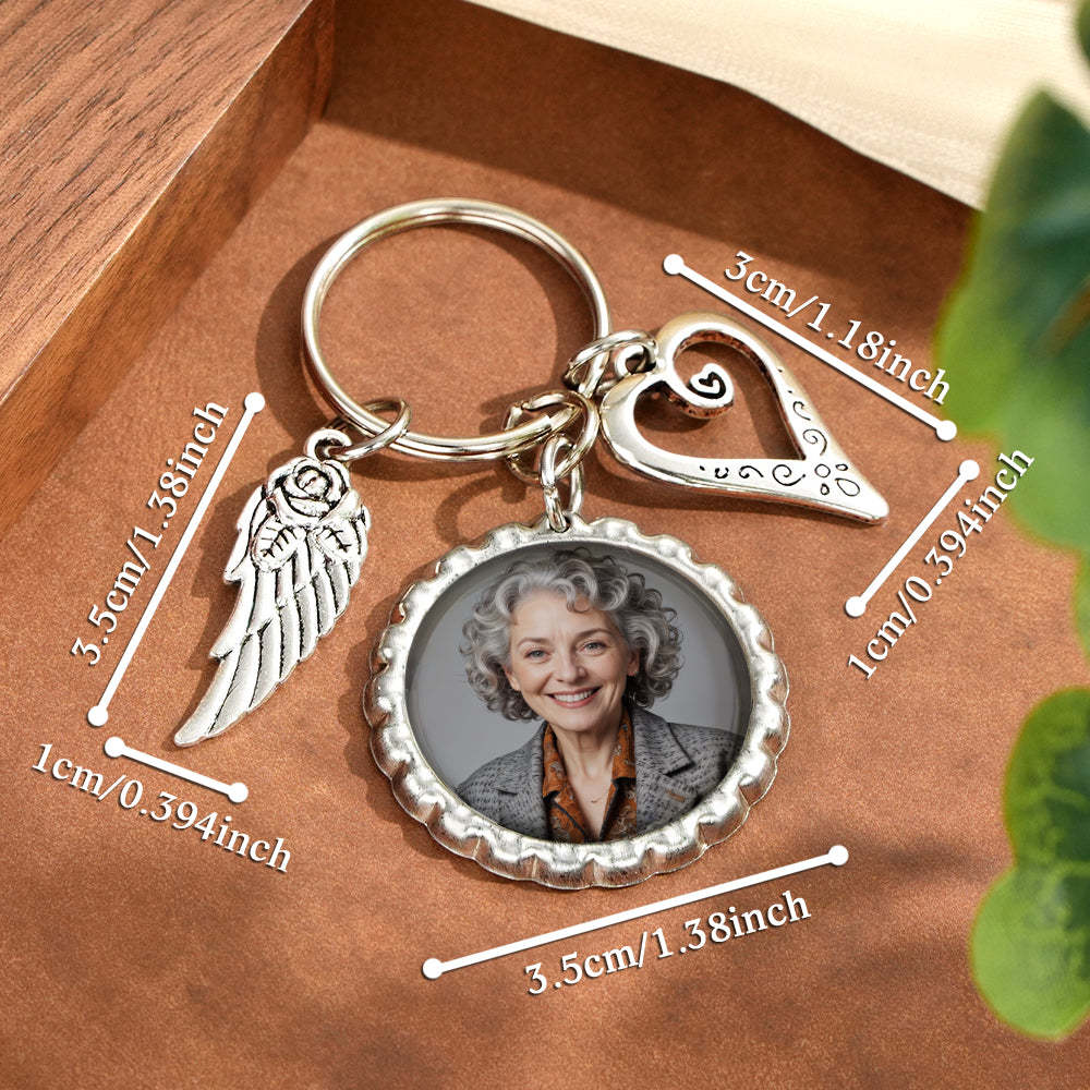 Personalized Photo Keychain with Text Heart Wing Keychain Memorial Gift - makephotopuzzleuk