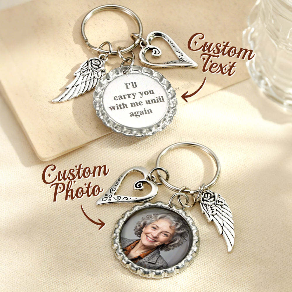Personalized Photo Keychain with Text Heart Wing Keychain Memorial Gift - makephotopuzzleuk