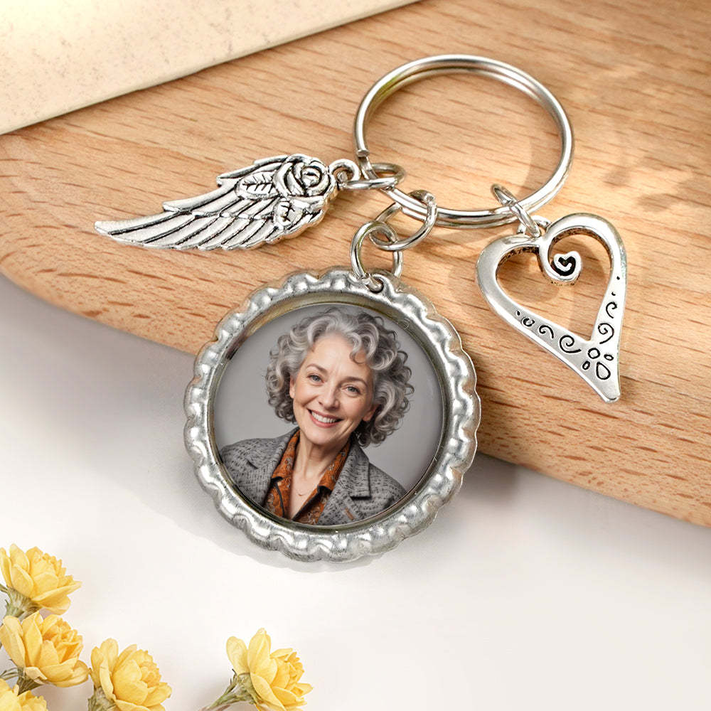 Personalized Photo Keychain with Text Heart Wing Keychain Memorial Gift - makephotopuzzleuk