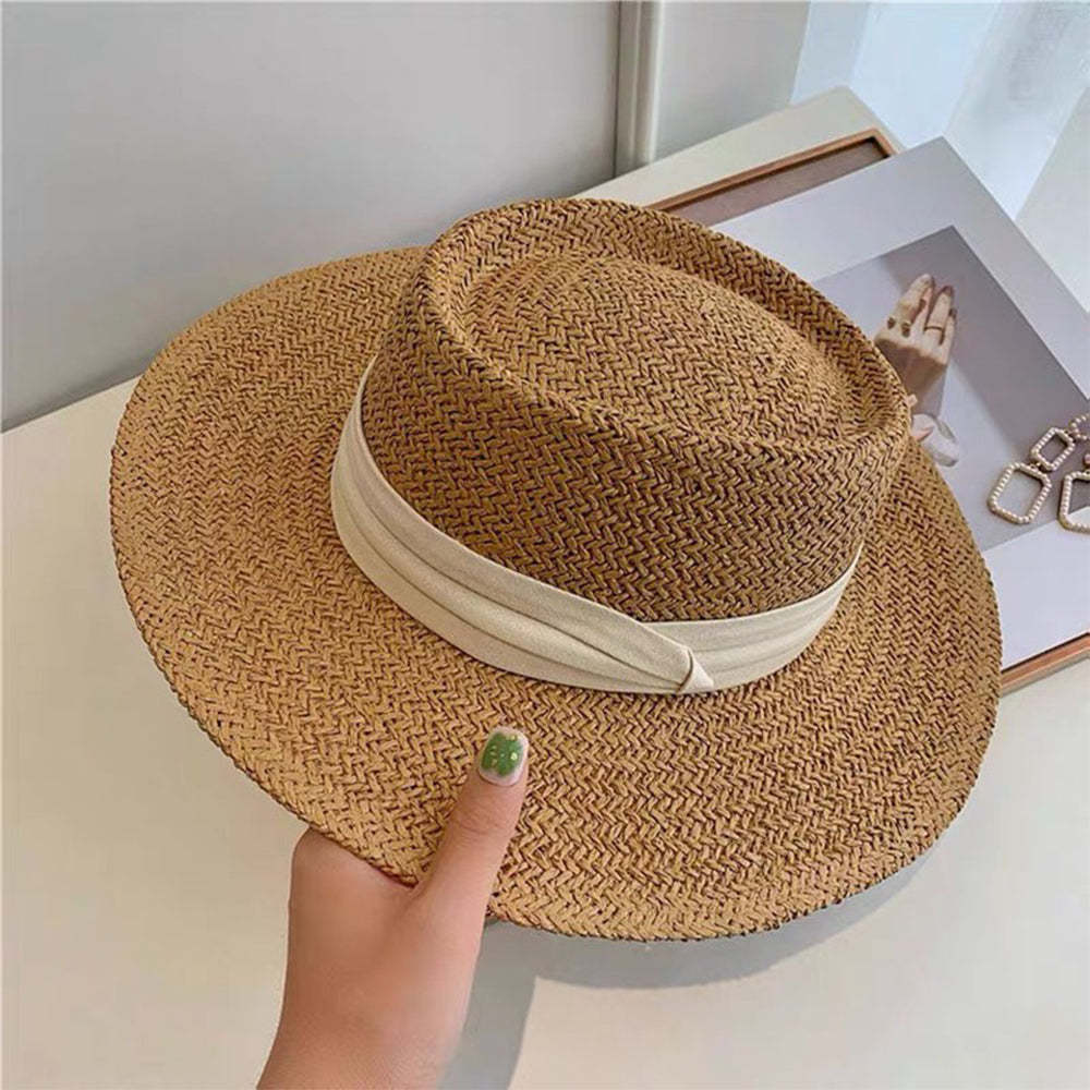 Women Fashion Summer Flat Top Straw Hat Sun Hat Travel Beach Cap - makephotopuzzleuk