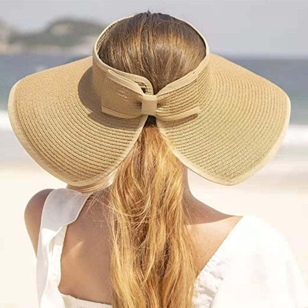 Women Sun Protection Empty Top Straw Hat Beach Wide Brim Bow-Knot Big Floppy Folding Sun Hat - makephotopuzzleuk