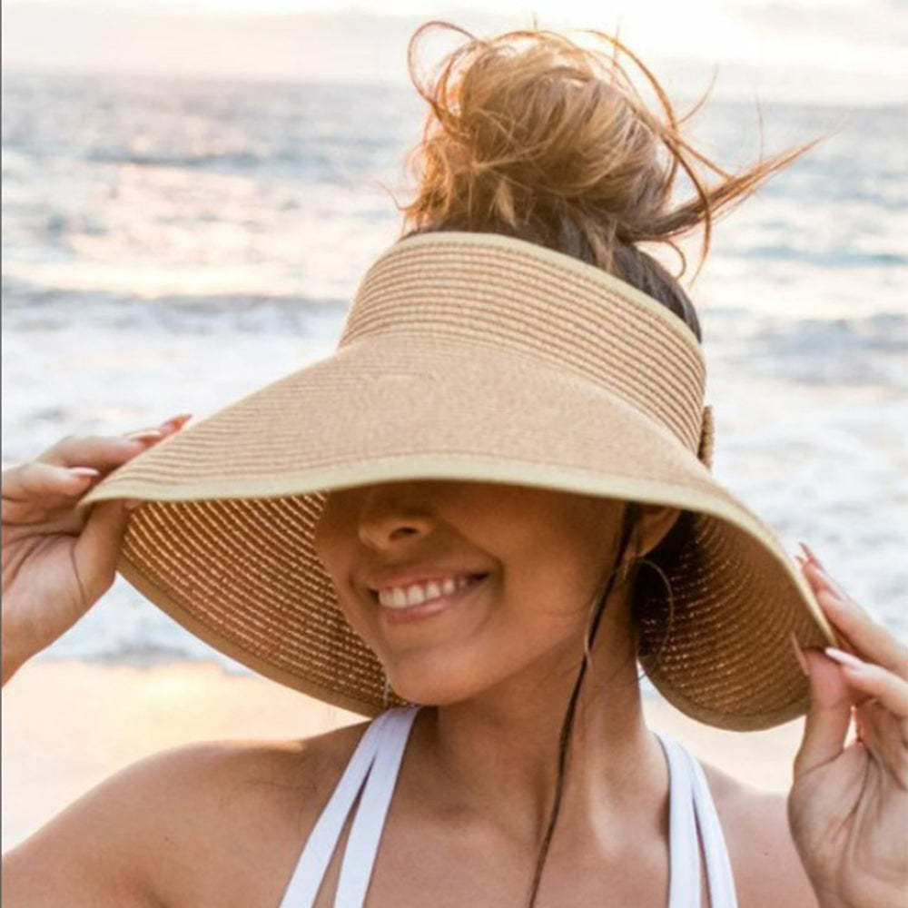 Women Sun Protection Empty Top Straw Hat Beach Wide Brim Bow-Knot Big Floppy Folding Sun Hat - makephotopuzzleuk