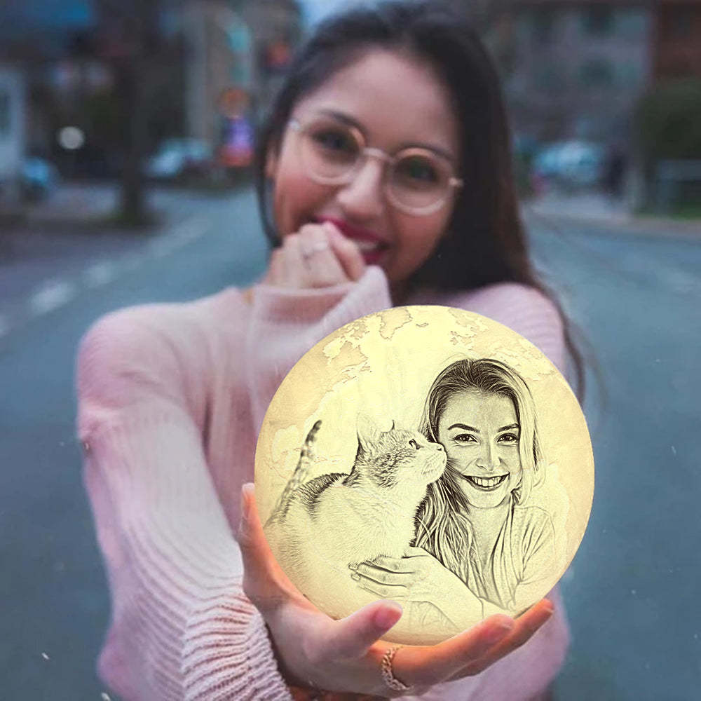 Magic Lunar Customized Pet Earth Lamp With Text, Engraved Lovely Cat Photo Lamp - Touch Two Colors (10-15cm) - makephotopuzzleuk