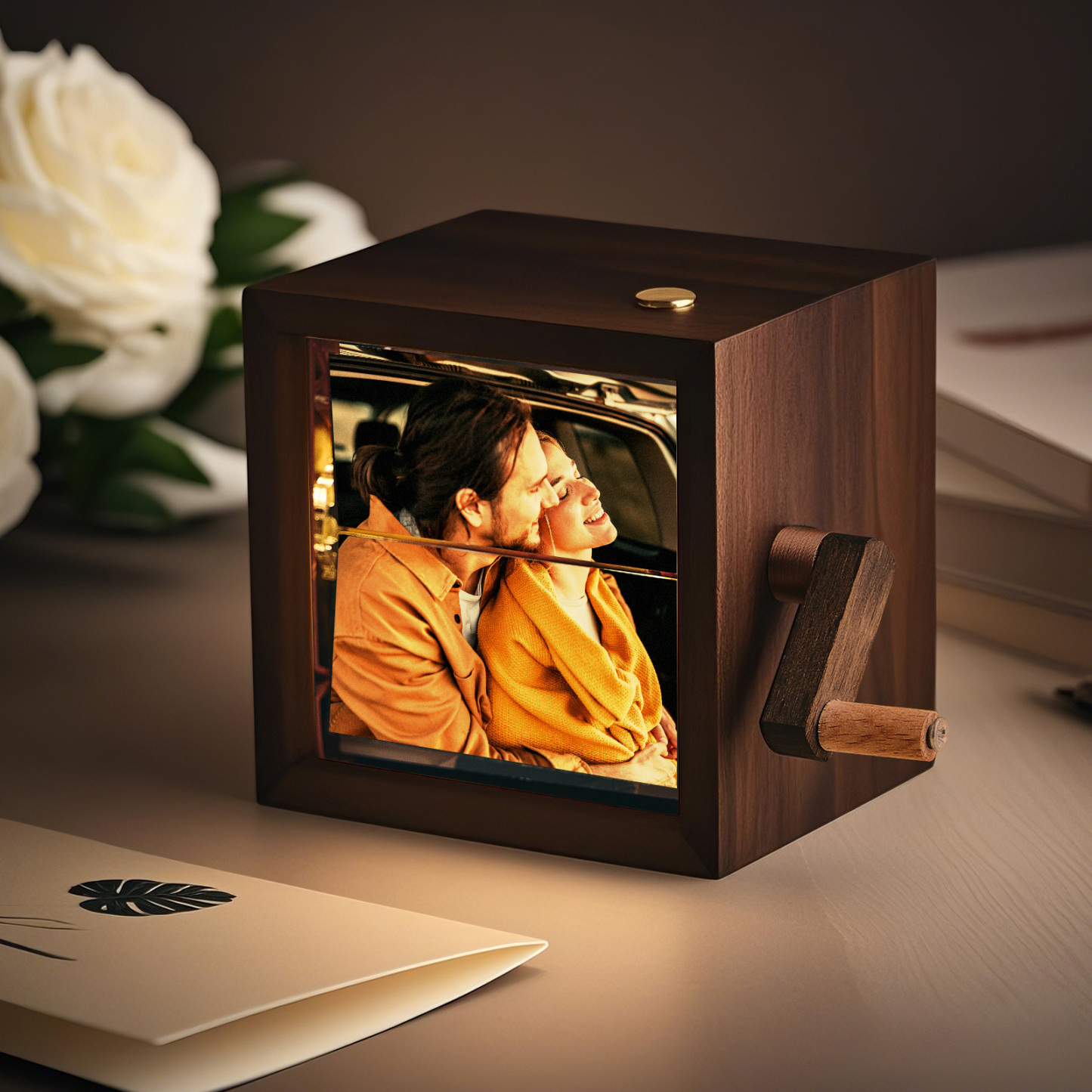 Custom Hand-Cranked Flipbook Photo Cube Walnut Coulpe Frame with Light Unique Gift Idea - makephotopuzzleuk