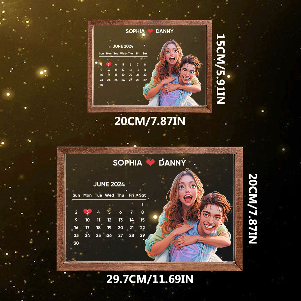 Personalised Cartoon Night Light with Calendar Photo Upload Custom Text Perfect Gift for Couples