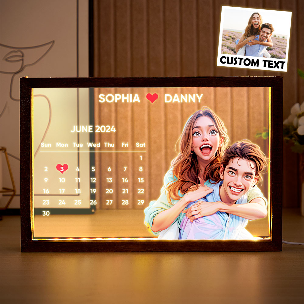 Personalised Cartoon Night Light with Calendar Photo Upload Custom Text Perfect Gift for Couples