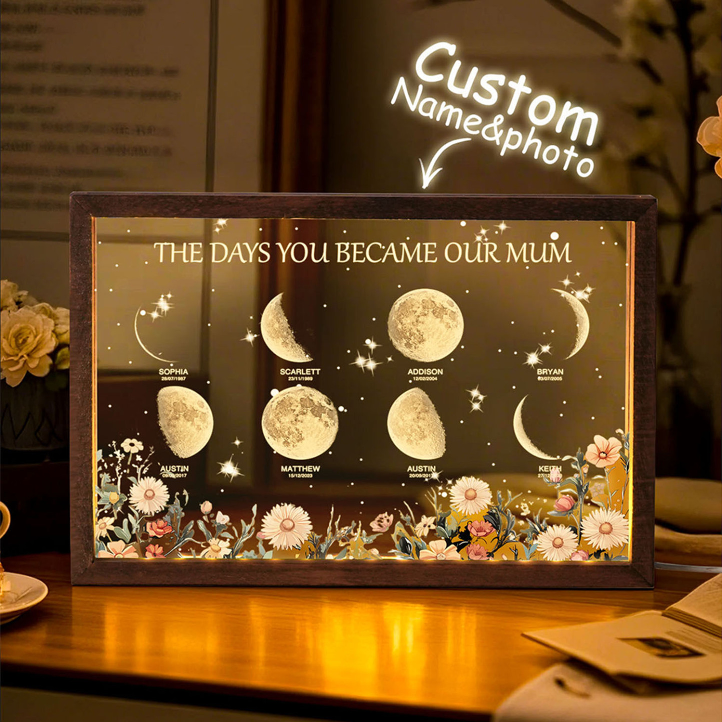 Personalized The Days You Became Our Mum Moon Phase Lightbox Mother's Day Gifts Wood Base - makephotopuzzleuk