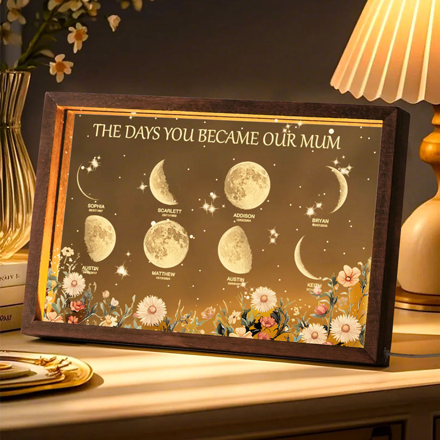 Personalized The Days You Became Our Mum Moon Phase Lightbox Mother's Day Gifts Wood Base - makephotopuzzleuk